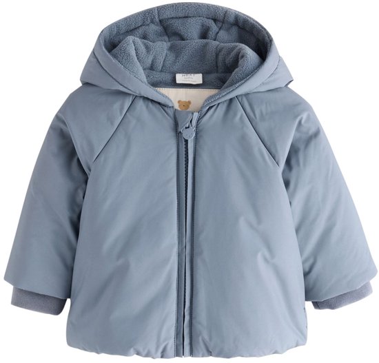 Blauw jasje met capuchon en ritssluiting, met een teddybeer rits-hanger.
