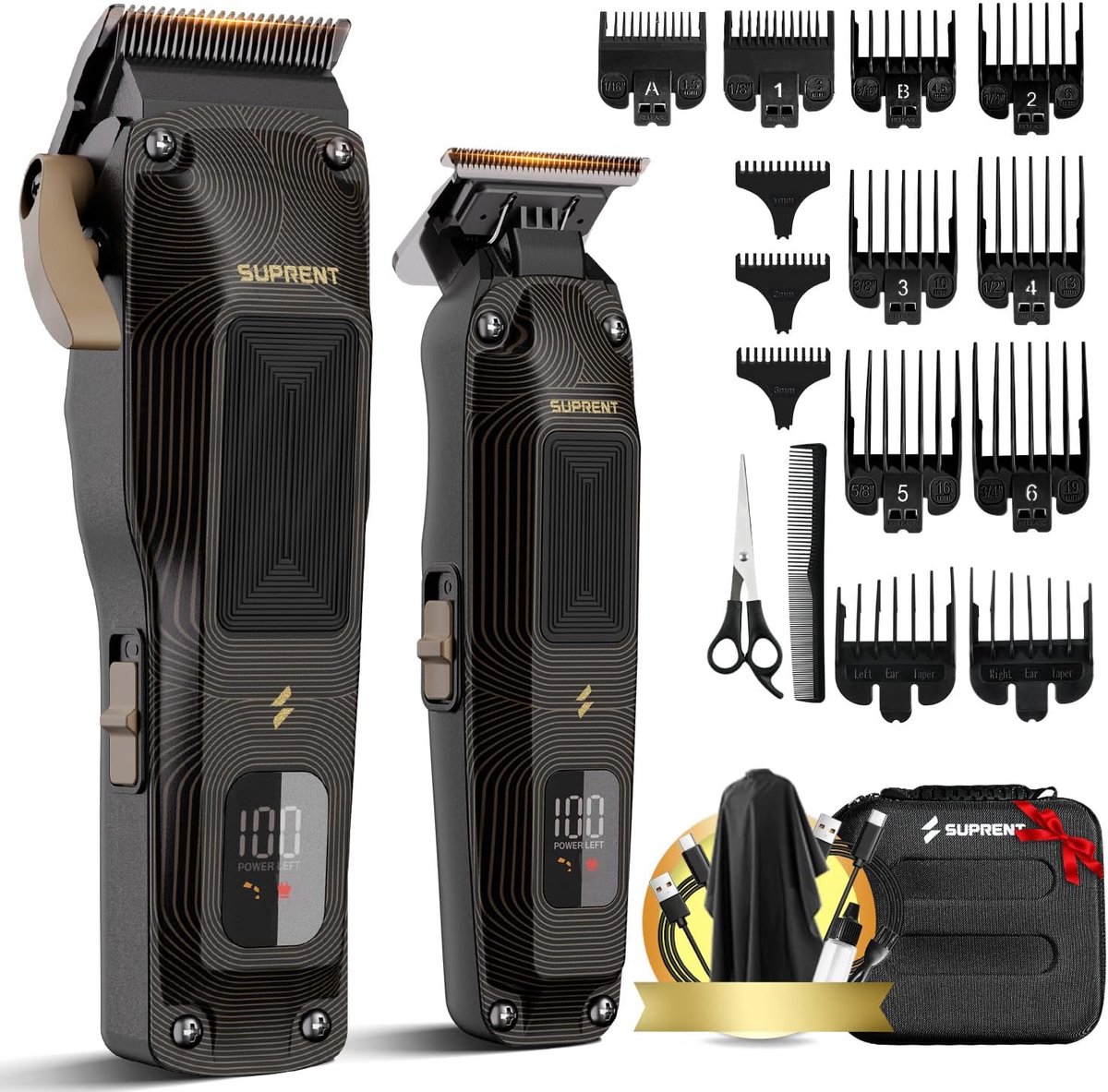 SnelShoppen - Professionele Draadloze Haartrimmer voor Mannen met 7500 RPM Motor, Verstelbare Blades, Kleurgecodeerde Kammen en Tas, Zwart Goud