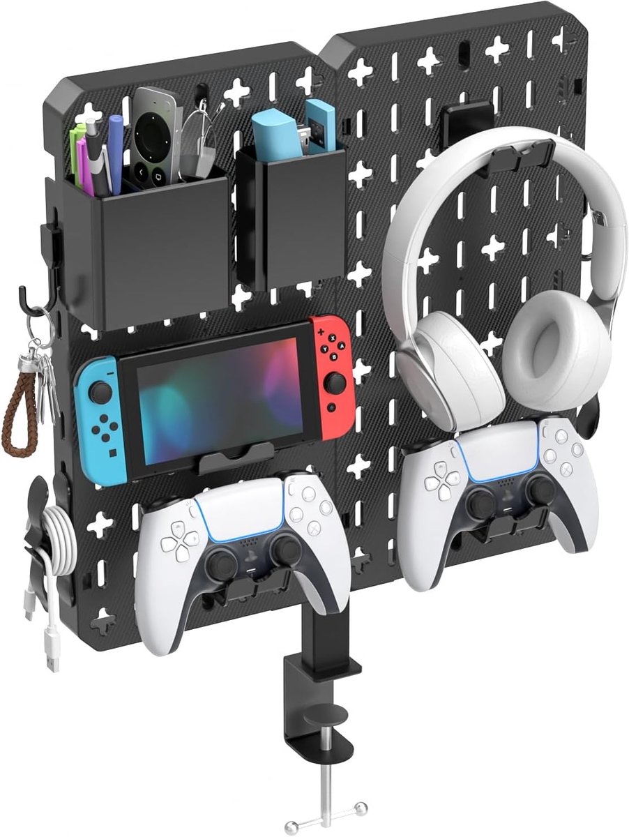 SnelShoppen - KDD 7-in-1 Desk Pegboard, Multifunctionele Klemplank met Telefoonhouder, Headset- en Controllerhouders, Organizers, Kabelclips en Haken