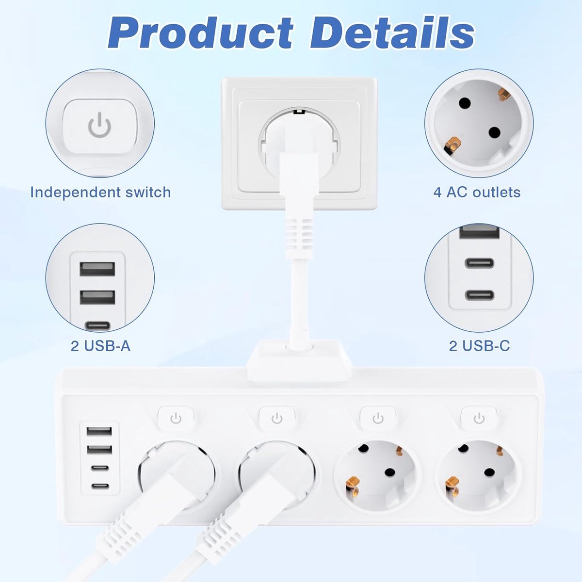 SnelShoppen - Multipresacon Stekkerdoos met 4 USB Oplaadpoorten en Onafhankelijke Schakelaars - Ruimtebesparende Stekkerstrip voor Thuis, Kantoor, Keu
