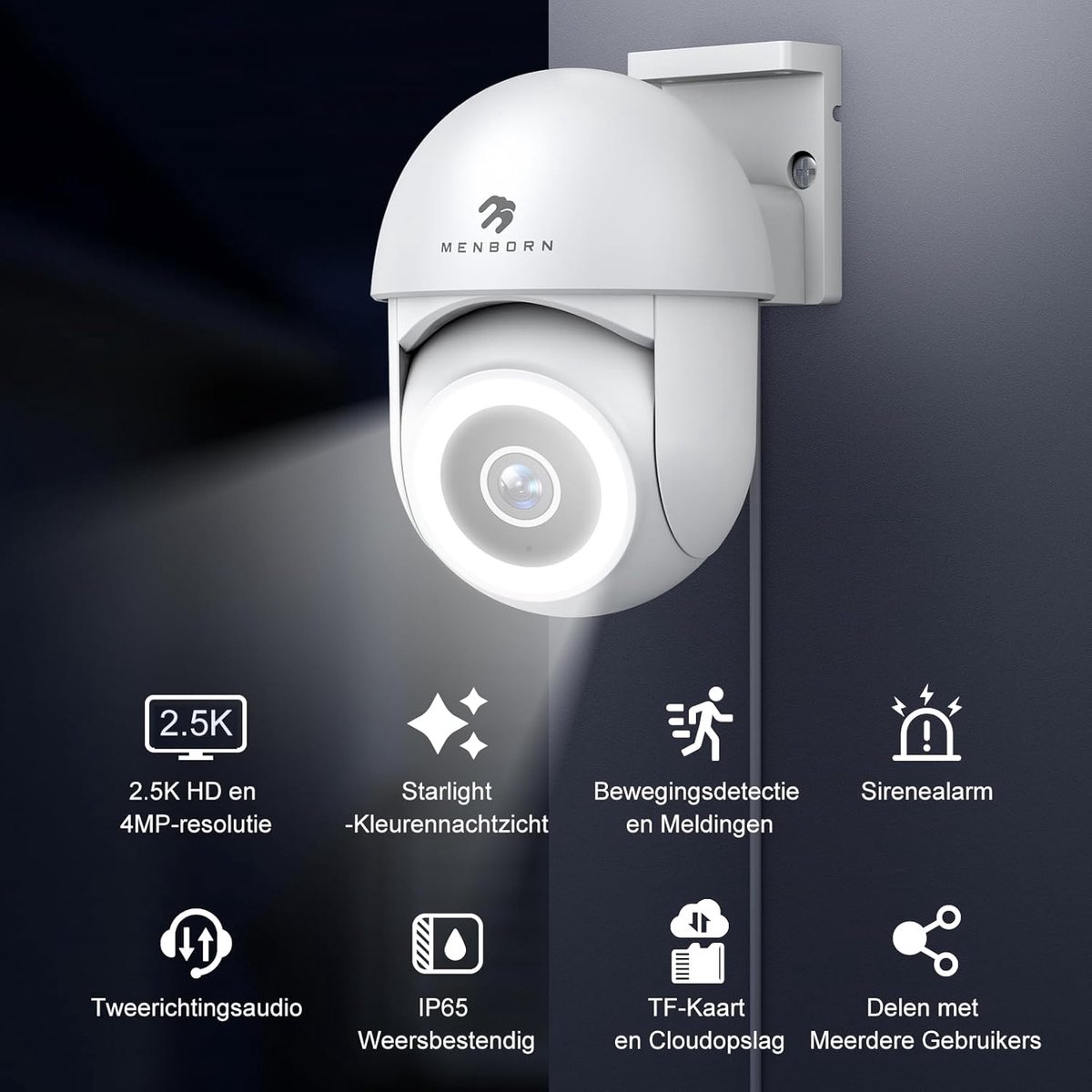 SnelShoppen - Outdoor Bewakingscamera 2.5K HD met 360° Beweging en Starlight Nachtzicht, IP Camera met Spotlight en Bewegingsdetectie, 2-weg Audio, Co