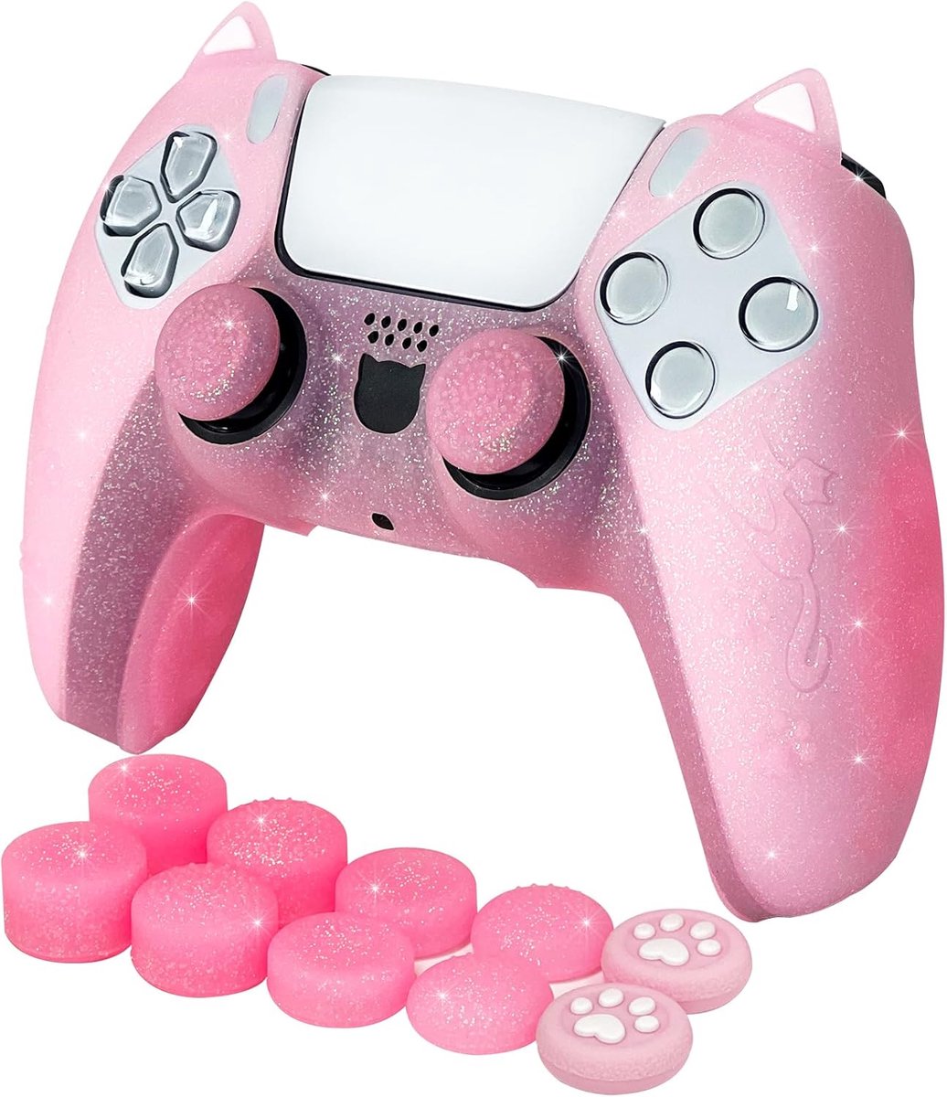 SnelShoppen - Pink Cat Glitter Anti-Slip Silicone Cover Skin Grips voor PS5/Slim/Pro Controller, 8 Stuks Glitter Thumb Grips en 2 Paw Grips Caps