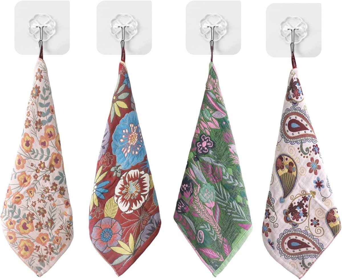 SnelShoppen - Set van 4 Theedoeken 100% Katoen Boho Dubbelzijdig Decoratief met Hangring, 38x40 cm Absorberend Keukenhanddoeken voor Feest, Camping, T