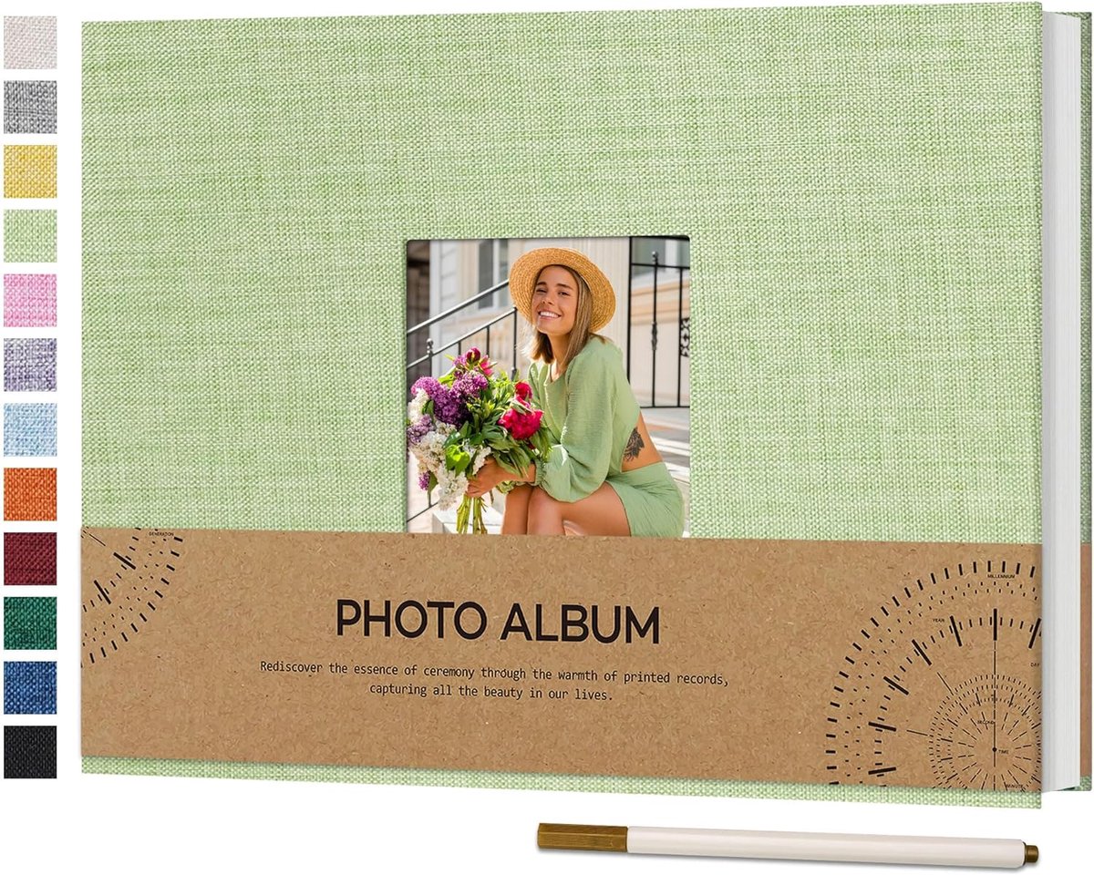 SnelShoppen - Zelfklevend Fotoalbum met Fotovenster 10x15 cm, Linnen Cover, DIY Scrapbook, 60 Witte Pagina's, Voor Reisfoto's, Groene Kleur, 21.5x30 c