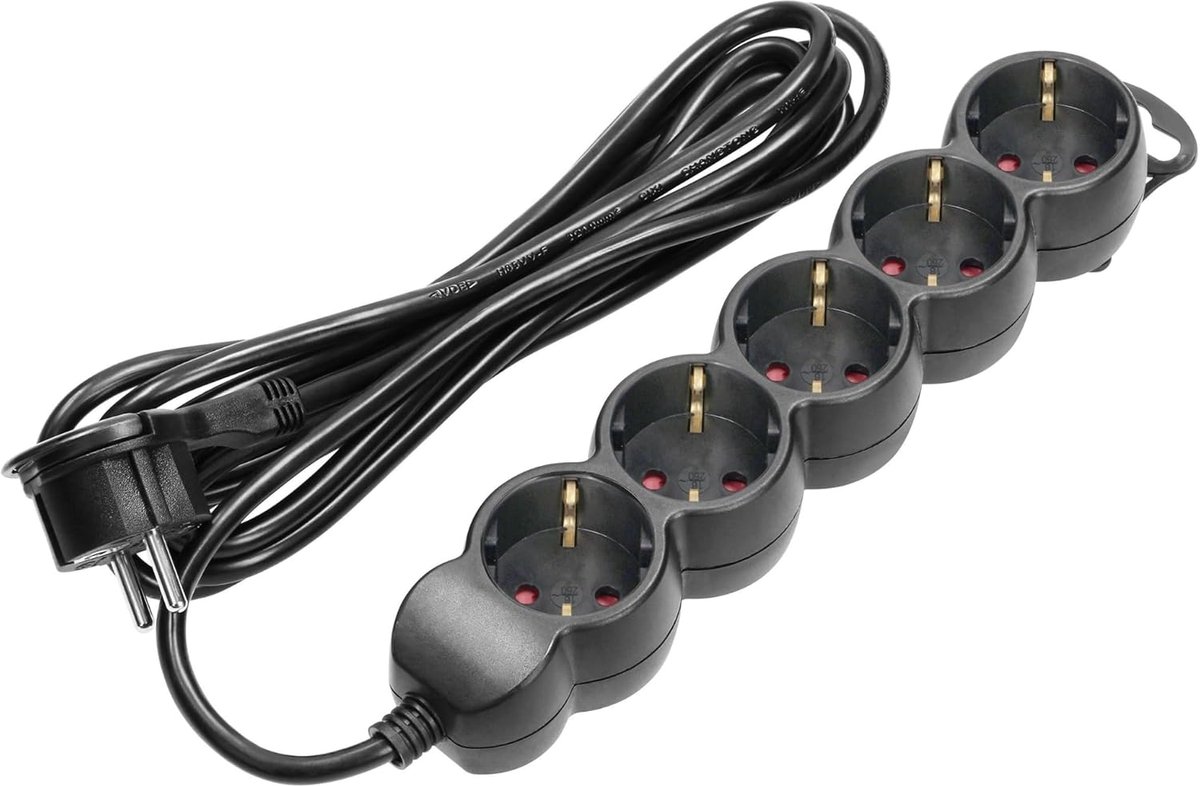 SnelShoppen - Extension Cord 5-voudig Buiten Zwart met Platte Stekker IP20 Max Belastbaarheid 3680W - Schuko Stekker Verlengsnoer 5m Perfect voor Tuin