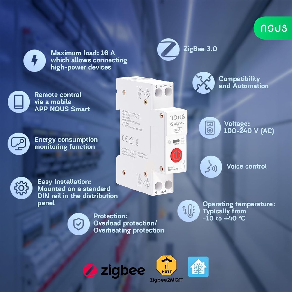 SnelShoppen - Zigbee DIN Switch 16A Smart Switch met Energie Monitoring, Compatibel met Zigbee2MQTT, Home Assistant, Alexa, Google Home, App en Stem C