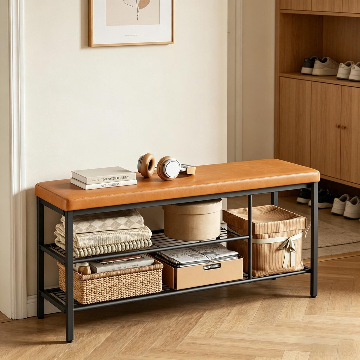 OKWISH Schoenenbank - 100 x 30 x 50 cm - Open Opbergruimte - Metaal en Kunstleer - Zwart en Bruin - Voor Hal en Entree