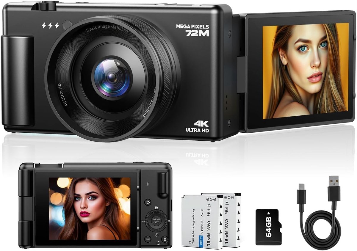 SnelShoppen - 4K Digitale Camera 72 MP Autofocus Vloggingcamera met 270° Klapdisplay, 18x Digitale Zoom, Compact voor Reizen en Beginners, Inclusief 6
