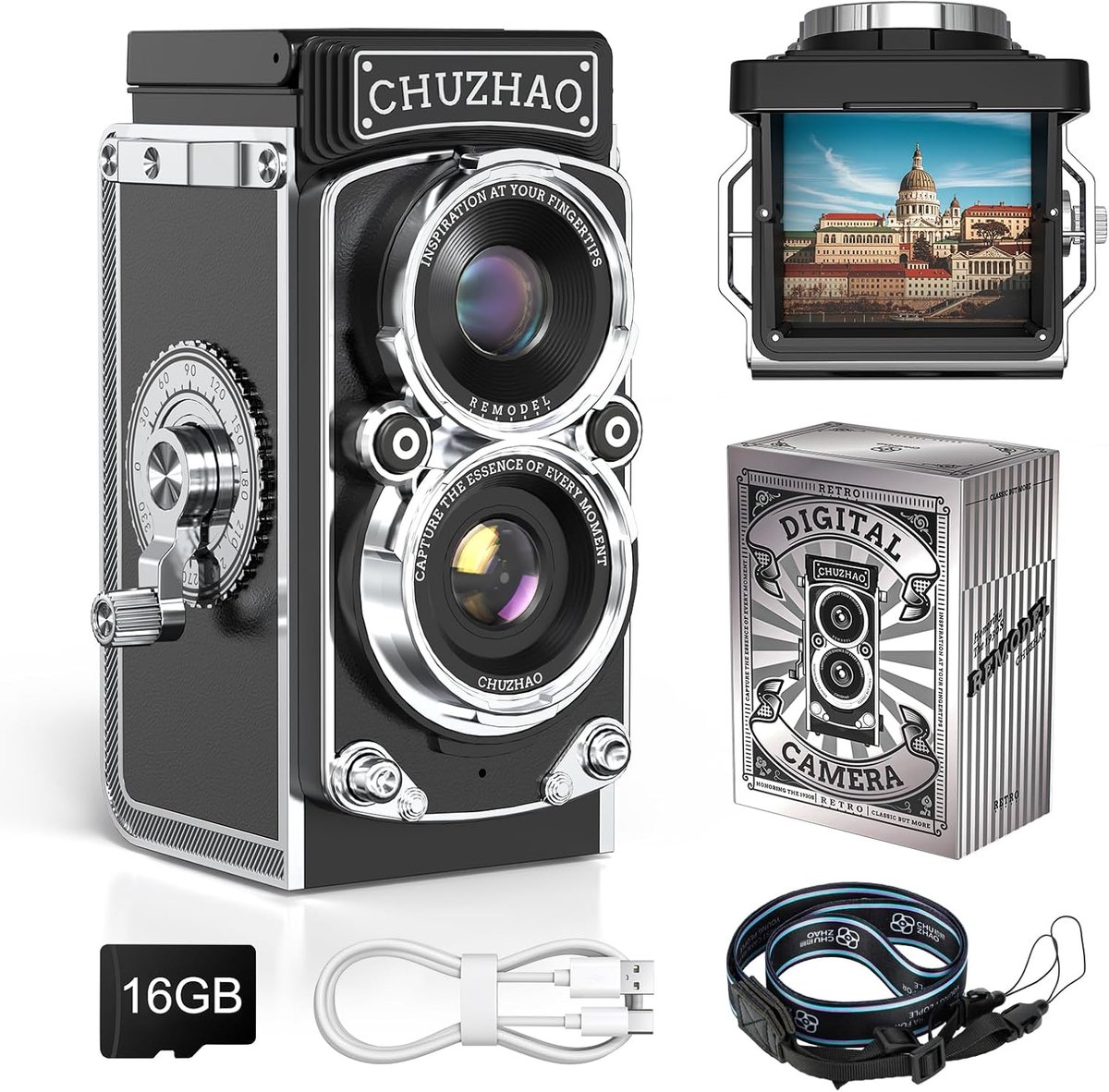 SnelShoppen - Retro Mini Digitale Camera 1080P FHD Video 12MP Auto Focus Compact Vintage Camera voor Beginners en Kinderen met 16G Kaart en USB, Perfe