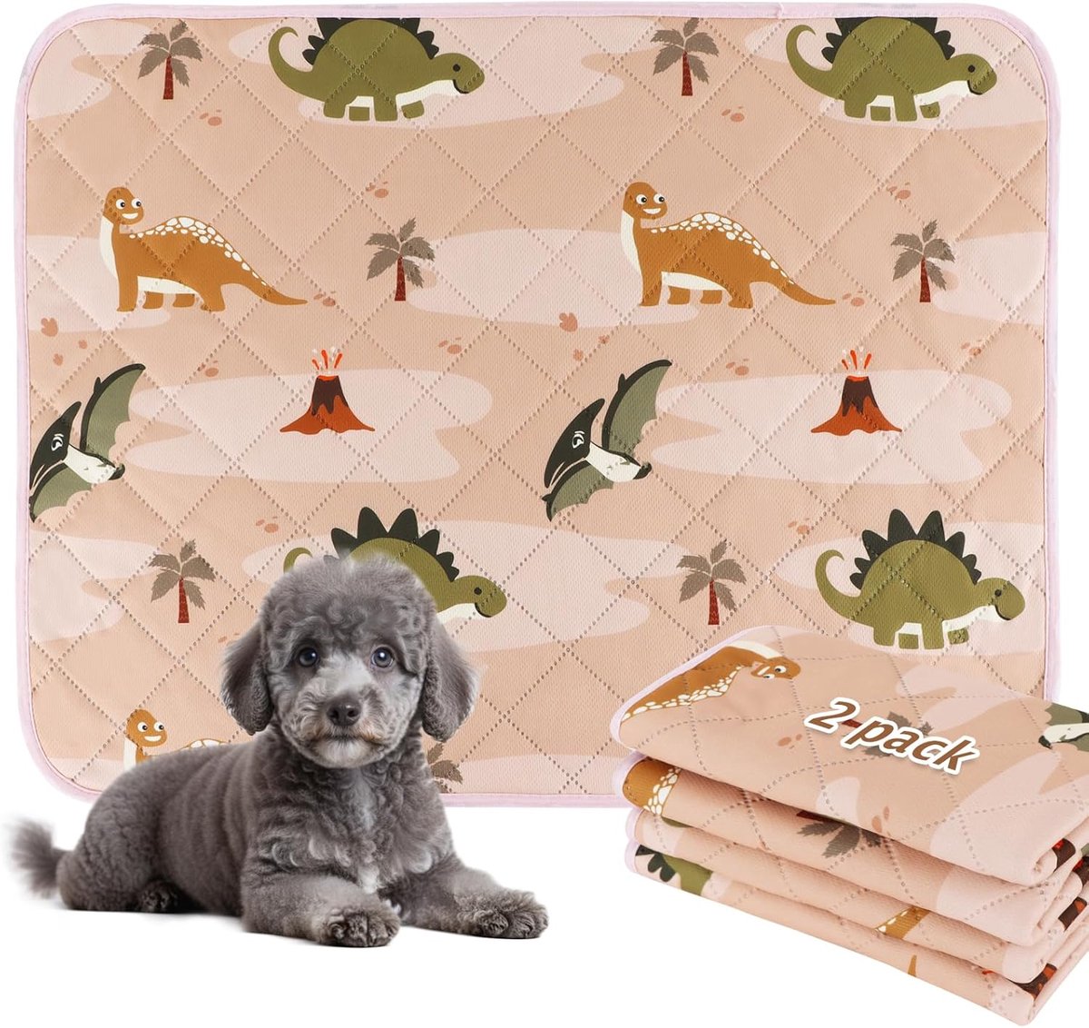 SnelShoppen - Wasbare Puppy Training Mats - 2 Stuks - Super Absorbente Urine Matten - Hygiënische Dierenmat - 60x45cm - Roze Dinosaurus - Herbruikbaar