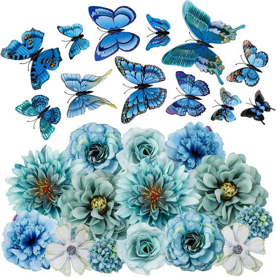 SnelShoppen - 14 Stuks Kunstbloemen en 12 Stuks 3D Vlinders voor DIY Decoratie, Nepp bloemen voor Bruiloften, Feesten, Tuin en Huis, Ideaal voor Huwel