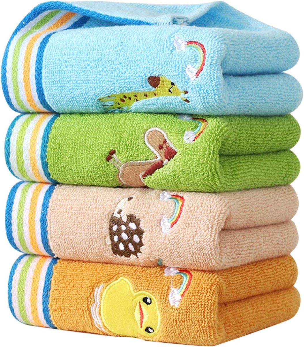 SnelShoppen - Kinder Washandjes Set van 4, 100% Katoen, Multicolore Fingertip Handdoeken voor Badkamer, Zacht en Ademend, Perfect voor Kinderen