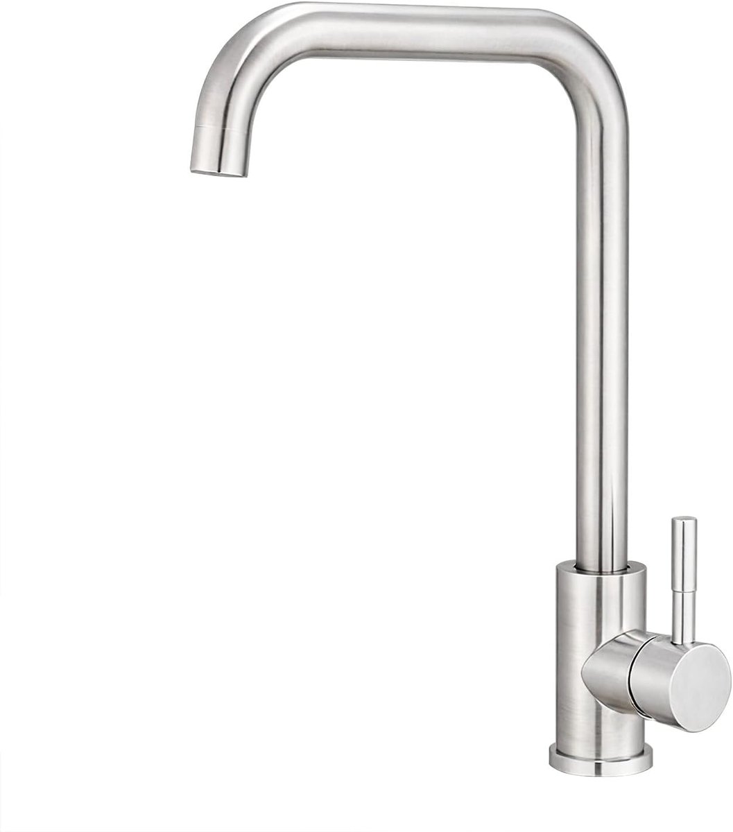SnelShoppen - RVS Keuken Faucet 360° Draaiend L-vormig Mengkraan, Enkele Gaatje Mengkraan voor Spoelbak, Keuken Tap (Geborsteld)