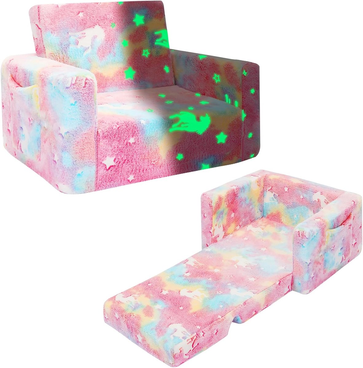 SnelShoppen - Vouwbare Kinderstoel voor Peuters, Sofa voor Kinderen met Glow in the Dark, Uitbreidbare Lounger, Roze Eenhoorn, Perfect als Cadeau voor