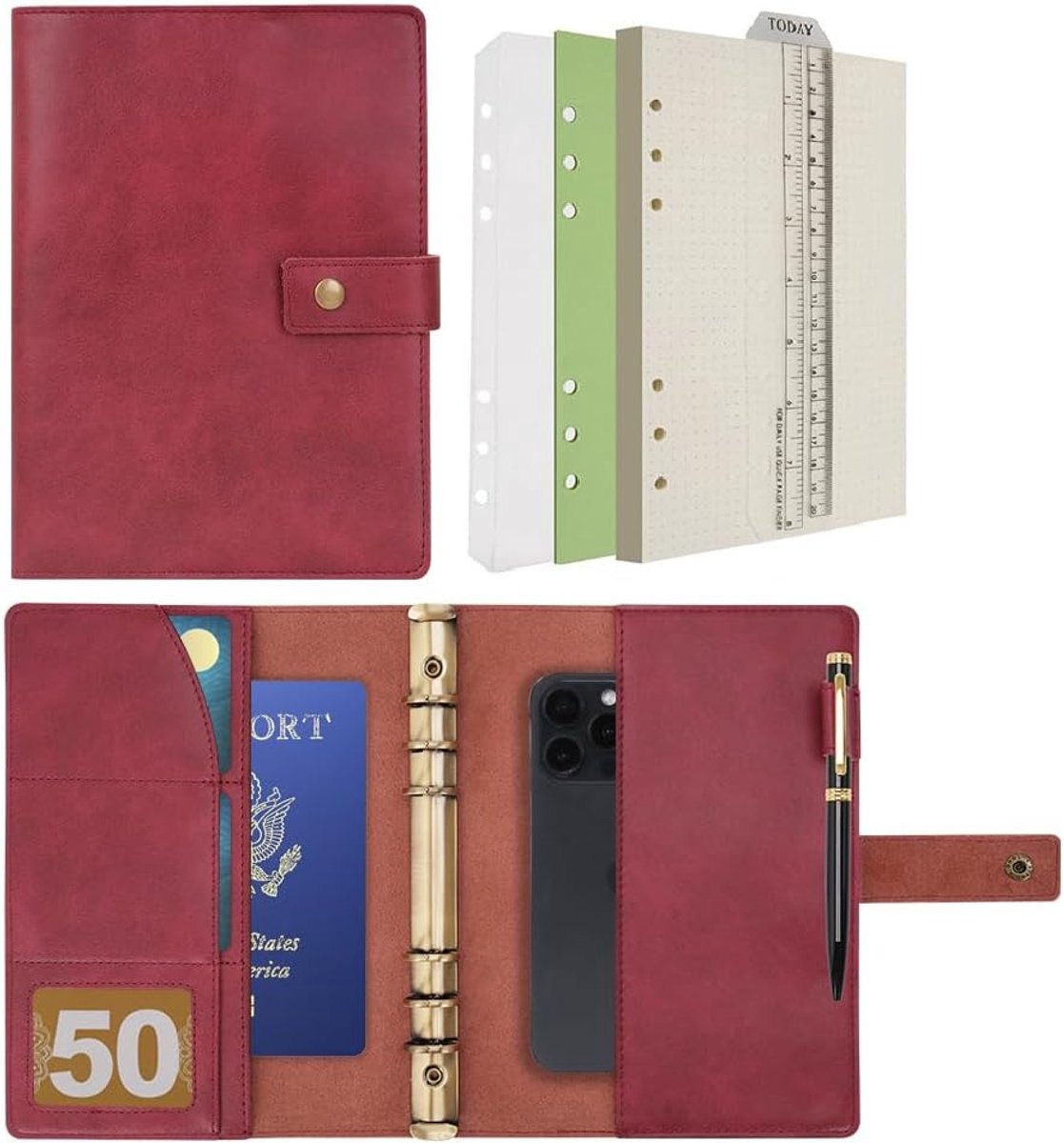 SnelShoppen - Lederen Navulbaar Dagboek Notitieboek A5 Spiraal Map Portfolio - Stippelraster Papier, Ritszakje, Pen en Index Verdelers - Rood voor Rei