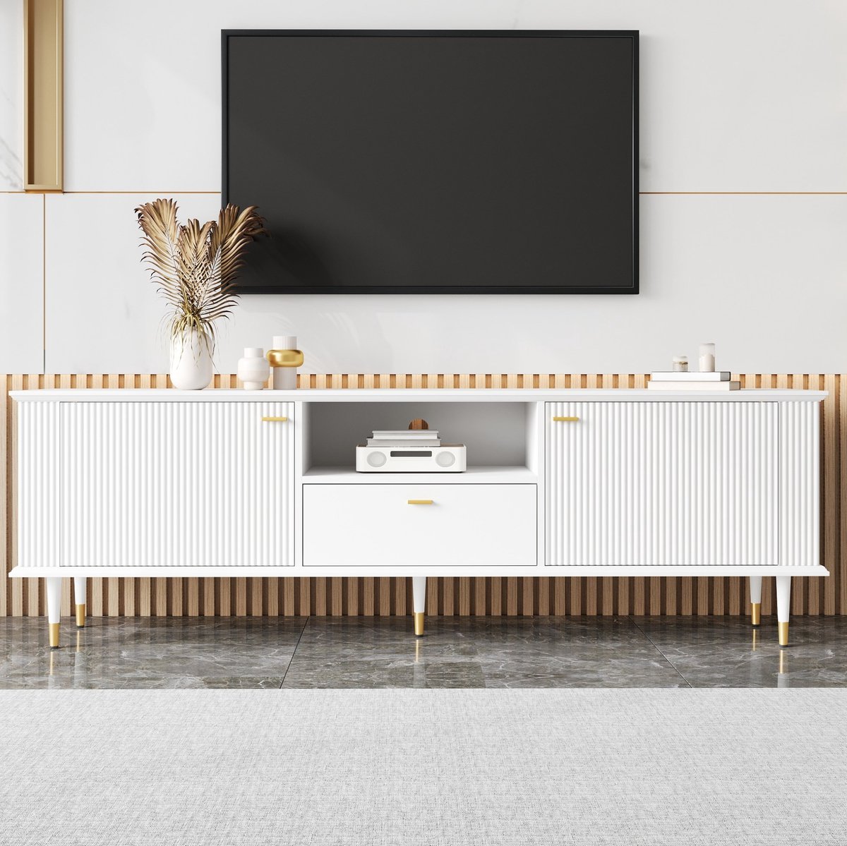 Wishdor - TV-meubel kast - 170 cm breed met deuren, open vak en lade - modern design voor woonkamer - houtlook met gelakte afwerking - wit