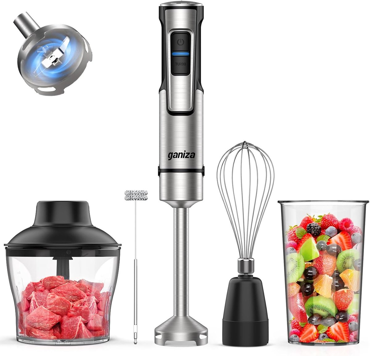 SnelShoppen - 5-in-1 Staafmixer Pureerstaaf, Elektrisch 1000 W, Roestvrij Staal, Turbofunctie, Garde, Melkopschuimer, 600 ml Hakselaar, 800 ml Maatbek
