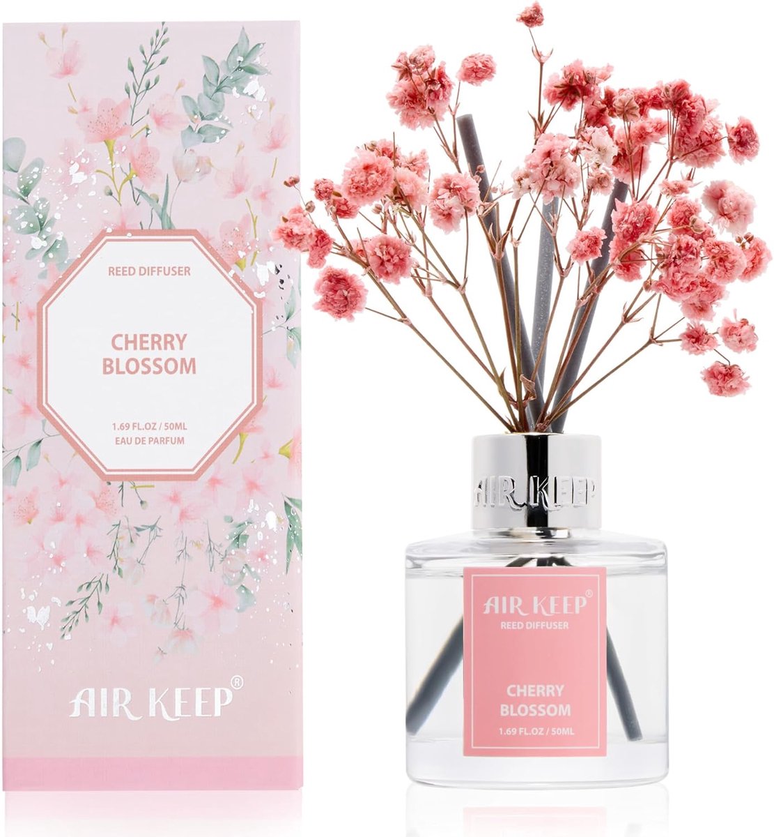 SnelShoppen - Geurstokjes 50ml - Cherry Blossom Geurdiffuser met Droogbloemen - Luchtverfrisser voor Badkamer, Woonkamer en Kleine Ruimte - Perfect Ca