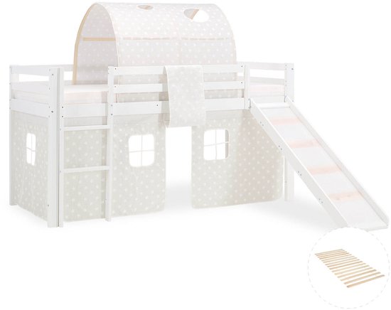 Wit hoogslaperbed met sterrenprint tent, glijbaan en ladder, met afbeelding van bedbodem.