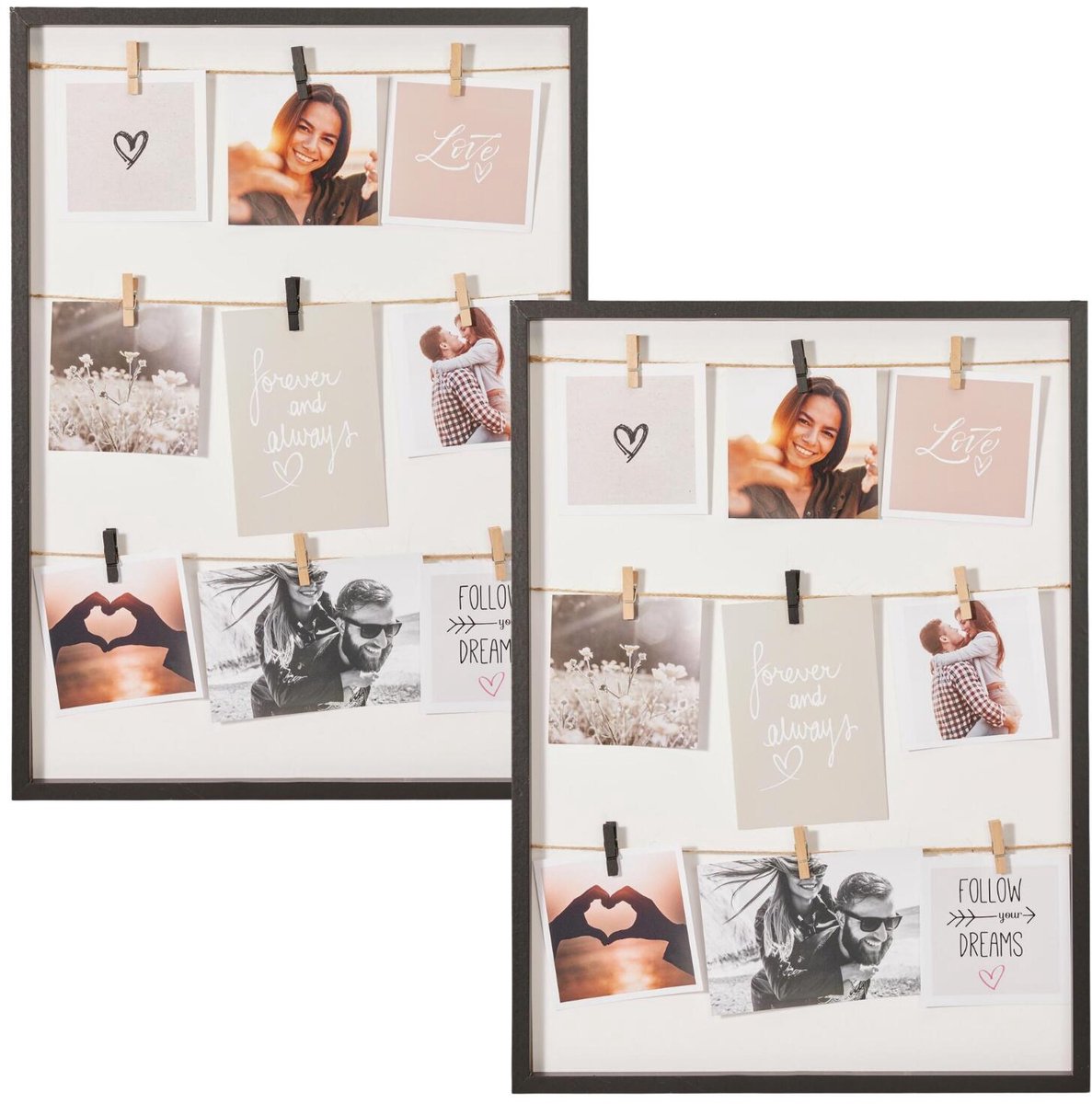 Home & Styling Collage fotolijst met knijpertjes - voor 2x foto - hout - zwart - 38 x 52 cm - wissellijst - klassiek