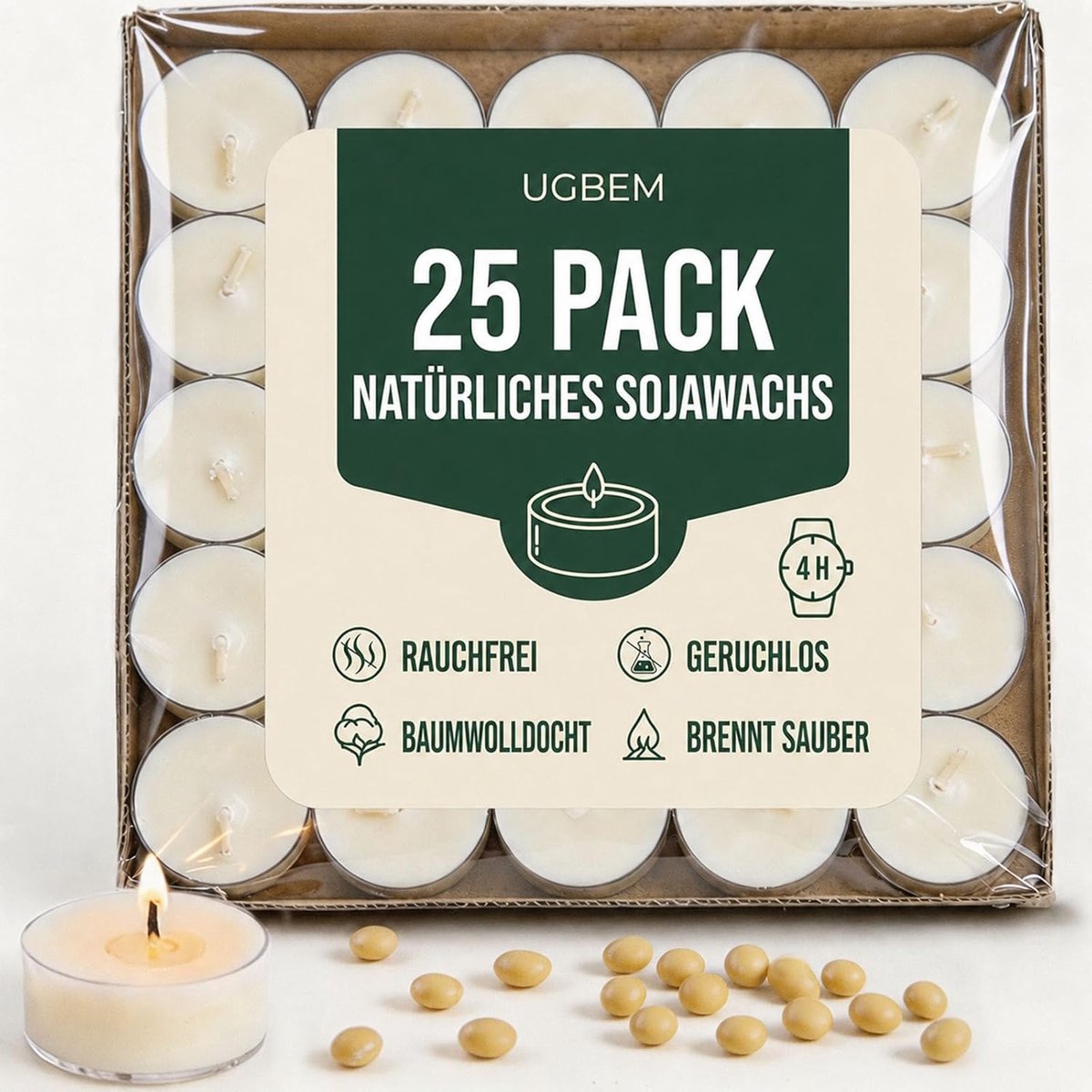 SnelShoppen - 25 Stuks Natuurlijke Geurloze Theelichten van 100% Sojawas, 4 Uur Brandtijd, Paraffinevrij, Niet-Toxisch, Vegan in Duidelijke Cup voor F
