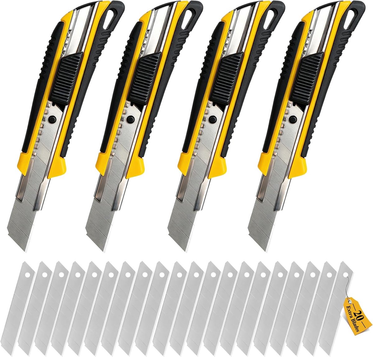 SnelShoppen - Set van 4 Snij- en Tapijtmesjes 18 mm met Veiligheidsvergrendeling inclusief 20 Vervangbladen, Ergonomisch en Antislip Handvat voor Veil