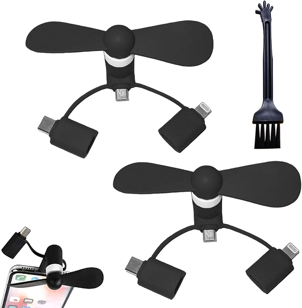 SnelShoppen - 2 Stuks Mini Mobiele Telefoon Fan - Draagbare USB Ventilator - 3 in 1 Koeler voor iPhone/Type C/Lichting - Rotating Fan voor Feest, Camp