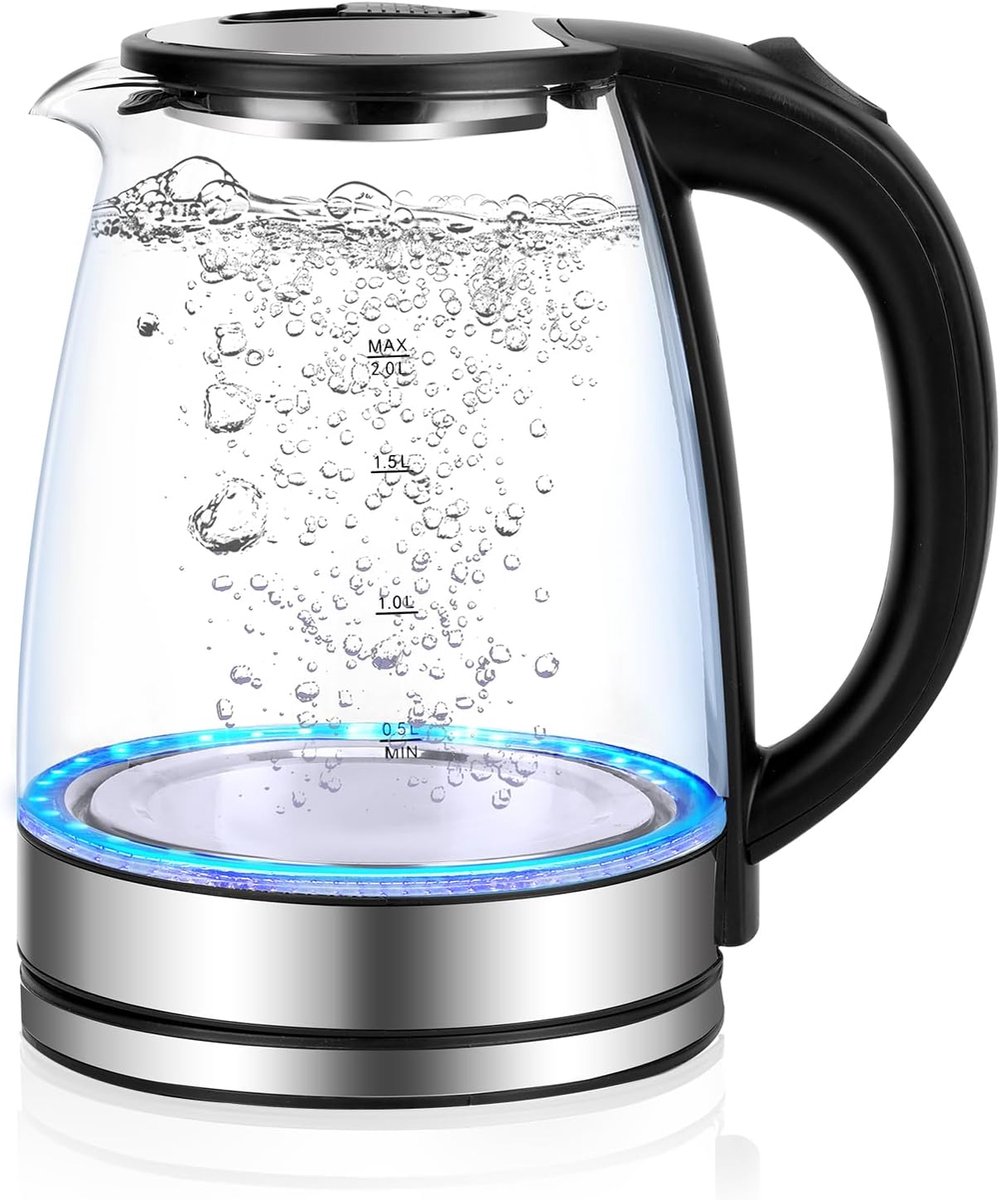 SnelShoppen - 2 Litre Glazen Waterkoker, 2300 Watt RVS, LED Verlichting, Droogkook Bescherming, Snelle Kookzone, BPA Vrij, 360° Basis