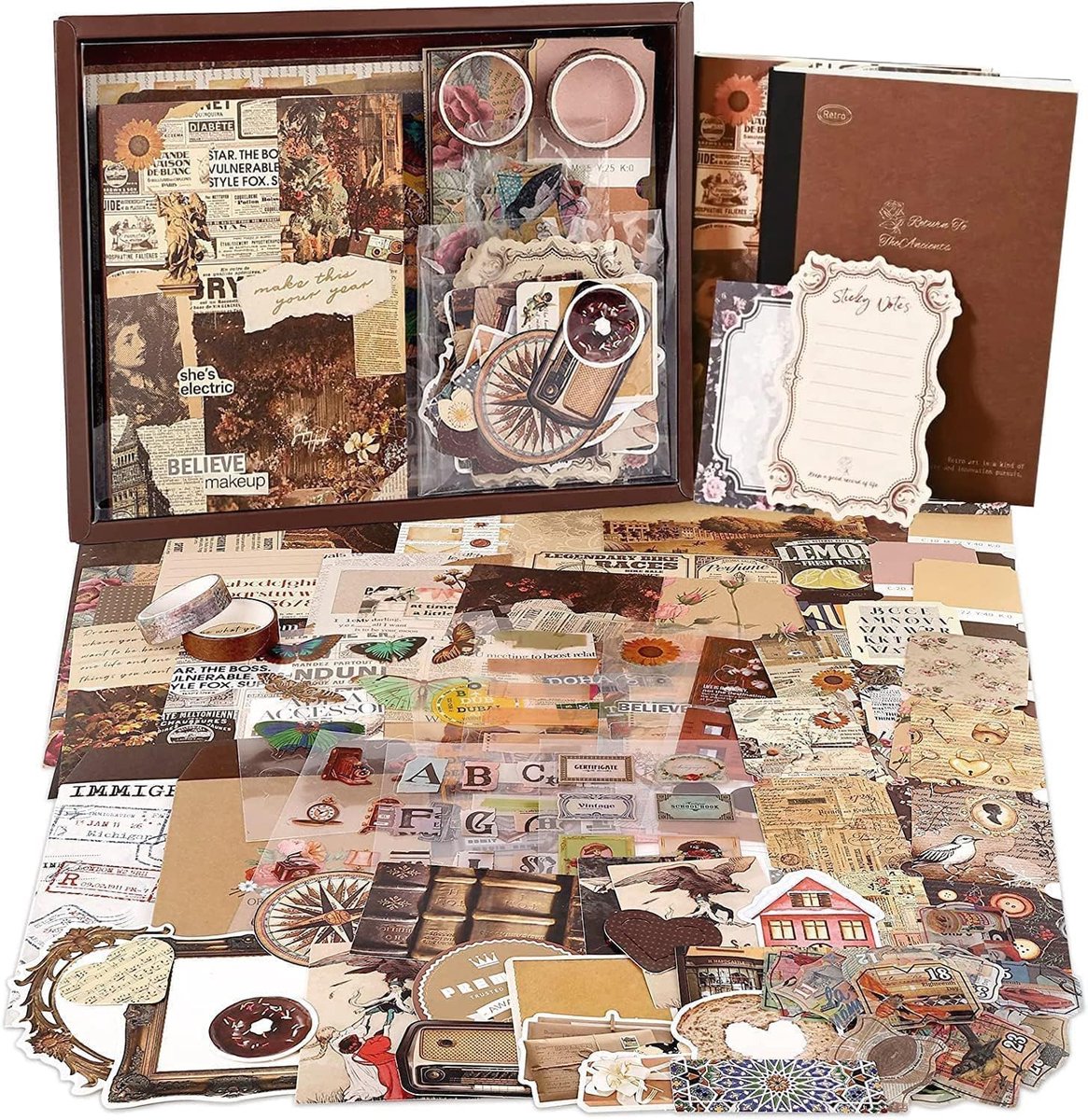 SnelShoppen - Vintage Scrapbook Accessoires Set 136 Stuks - A6 Notitieboek, Scrapbook Stickers, DIY Geschenk voor Dames en Meisjes - Creatieve Bullet