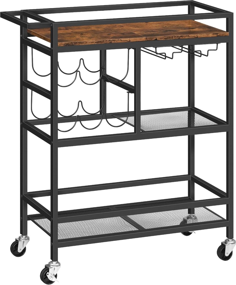 SnelShoppen - 3 Laags Rollende Serveertrolley met Handvat, Vintage Bruin, Voor Keuken en Eetkamer, Inclusief Glazen en Flessenhouders, Ideaal voor Fee