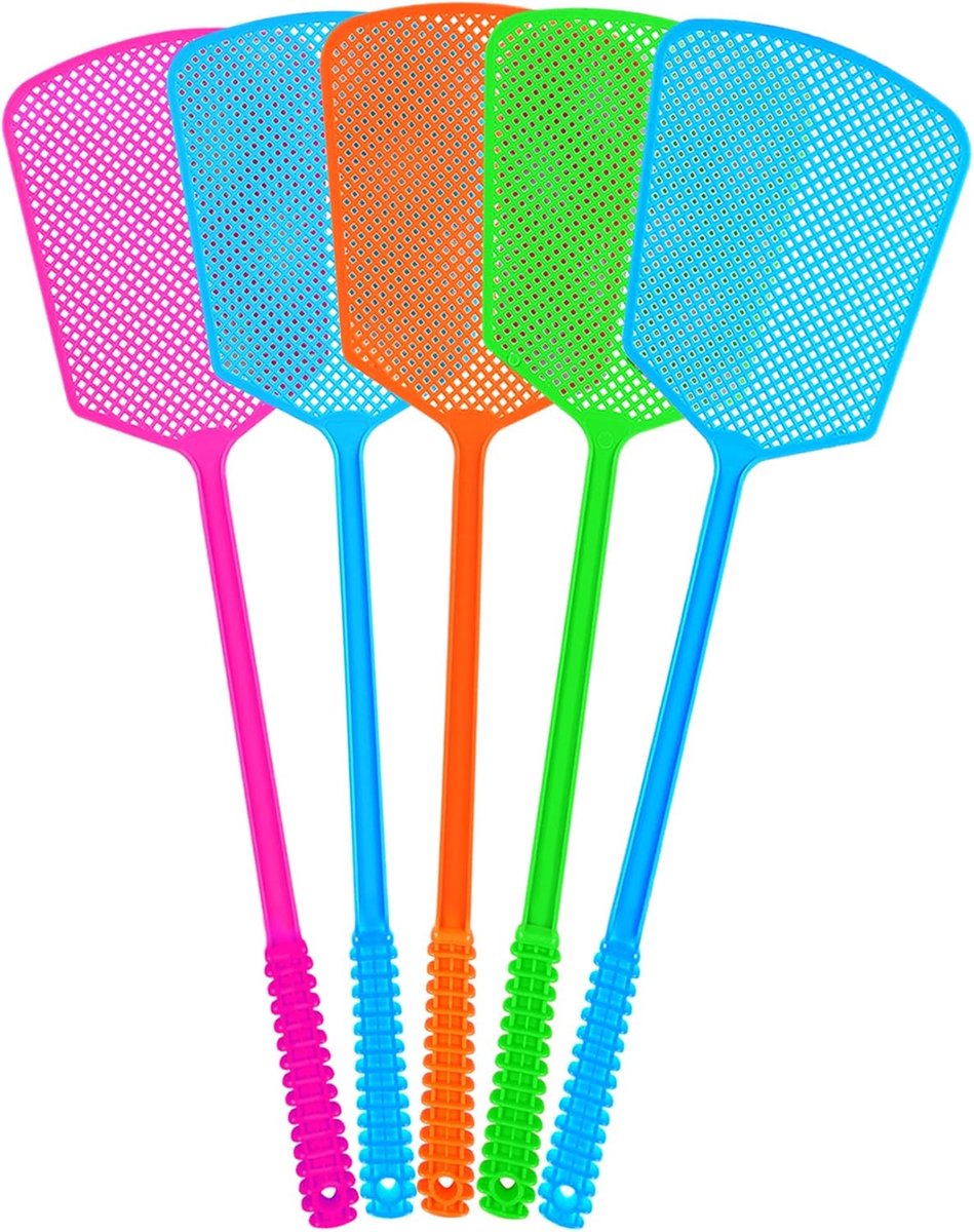 SnelShoppen - 5x Plastic Vliegenmeppers Set - Stevige Vliegenswatter met Lange Handgreep - Ideaal voor Binnen en Buiten - Perfect voor Tuin, Keuken, F