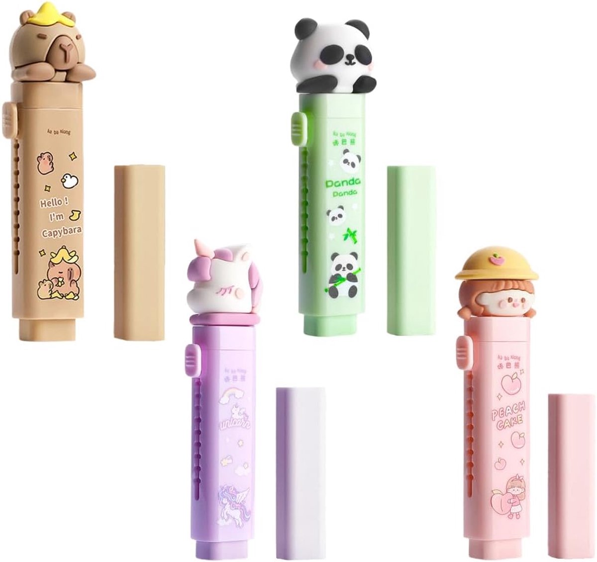 SnelShoppen - 4 Sets Schattige Rubber Gummetjes met Inklapbare Navullingen Eenhoorn Panda Capybara Druk- en Trekgummetjes voor Kinderen en Studenten -