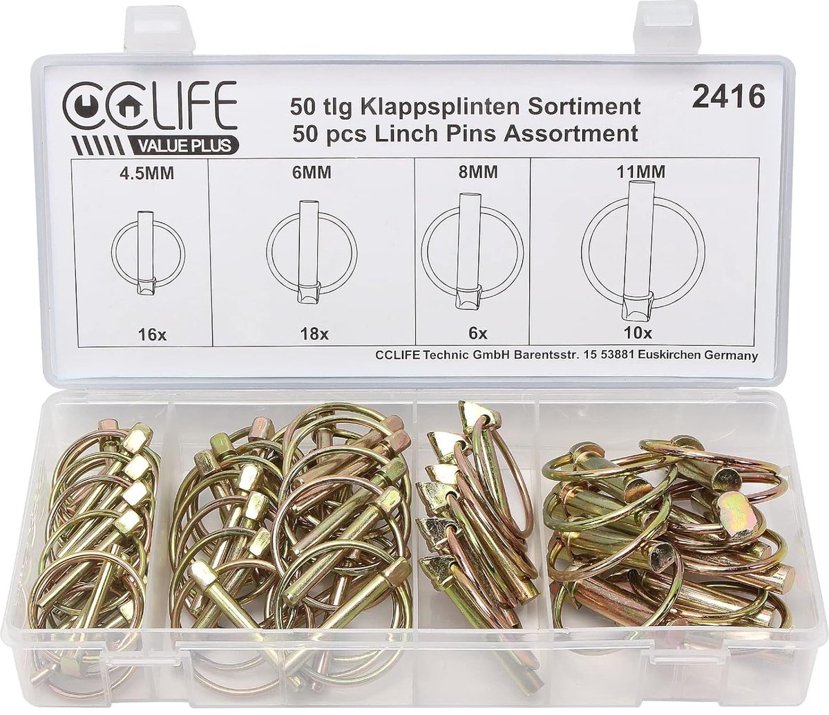 SnelShoppen - 50-delige assortiment scharnierpennen, cotterpins, bouten 4.5-6-8-11mm, gegalvaniseerd, voor klussen, hobby, tuin en meer
