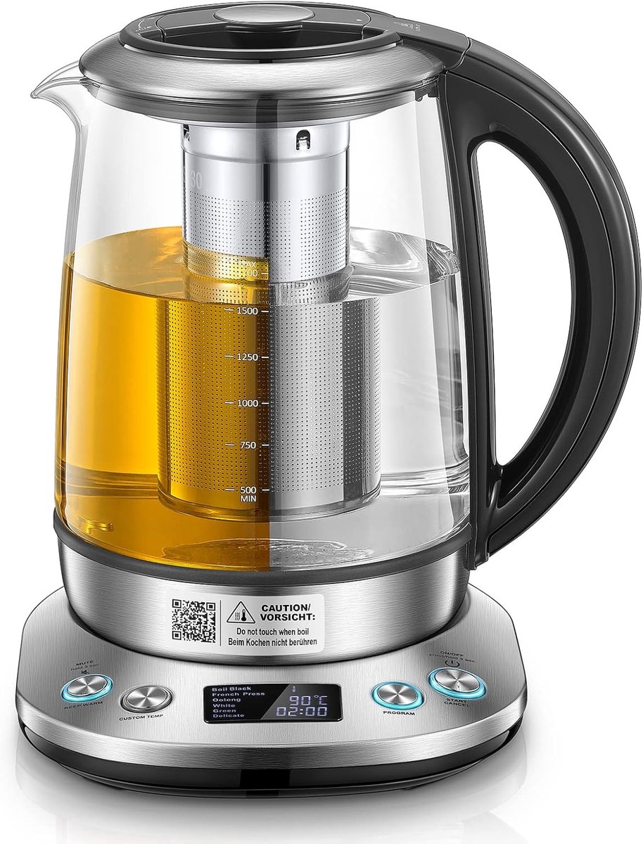 SnelShoppen - Glazen Waterkoker met Temperatuurinstelling, 2200 W, 1.7 L, 6 Voorinstellingen, 2 Uur Warmhoudfunctie, LCD Display, RVS Basisstation