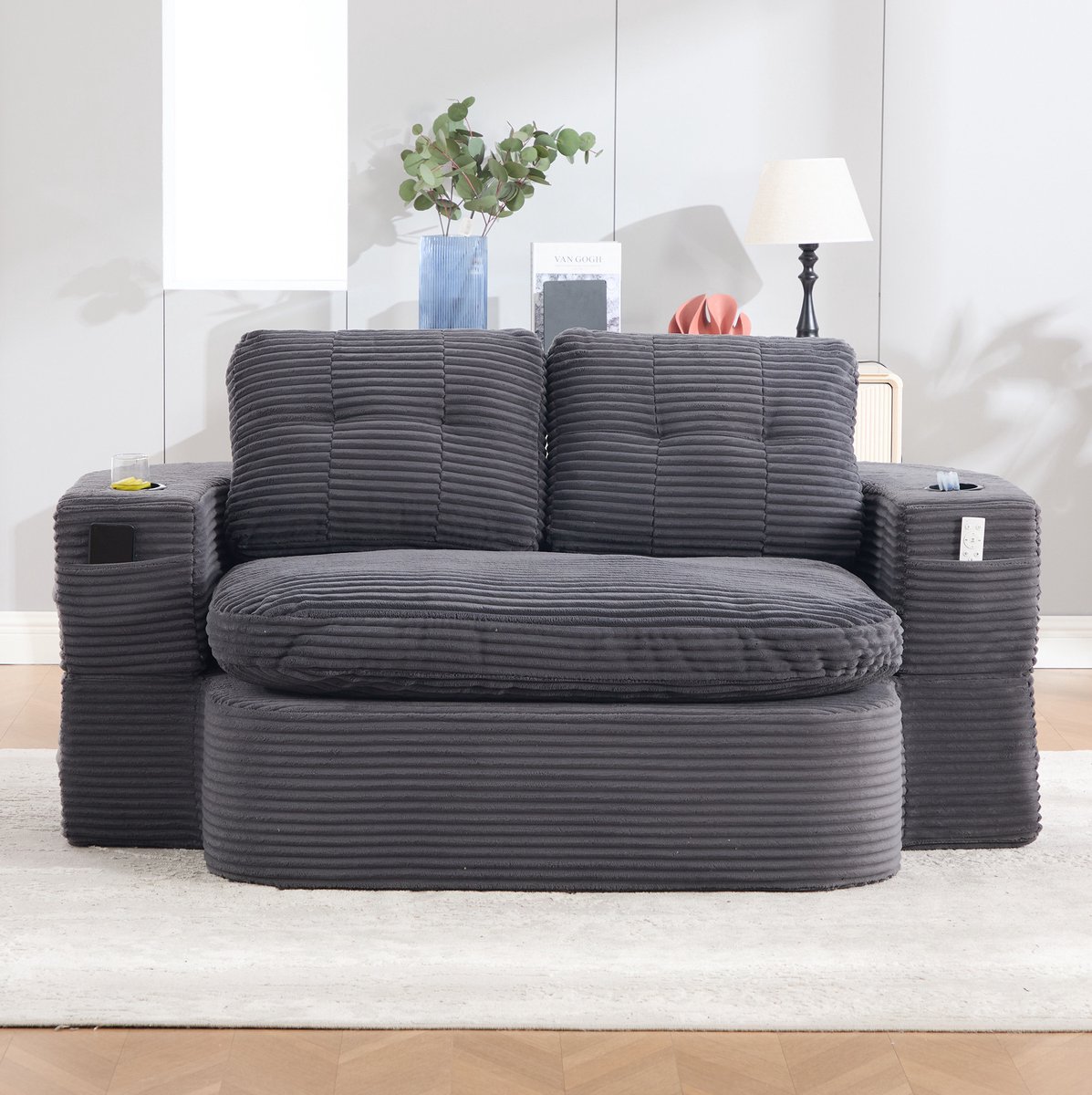 HAUSS SPOLE Slaapbank - 2-in-1 Relaxfauteuil - Met Ligfunctie, Bekerhouders En Zijvakken - Voor Woonkamer Of Slaapkamer - Cord Donkergrijs
