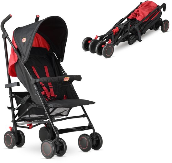 Zicht op de uitgevouwen en ingeklapte zwarte buggy met rode accenten.