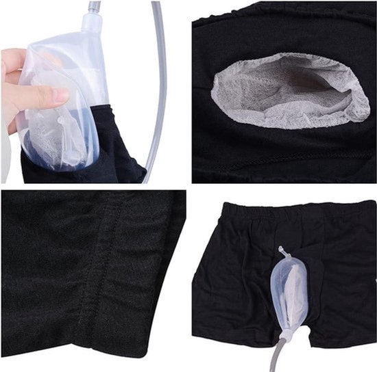 Dichtbij van een urineopvangbroek: broek met opening voor catheter, verpleegkundige die catheter inbrengt.