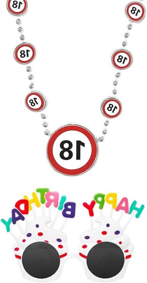 18-jarige halsketting voor verjaardagsfeestdecoratie Happy Birthday-bril creatieve parelsieraden universell voor mannen en vrouwen