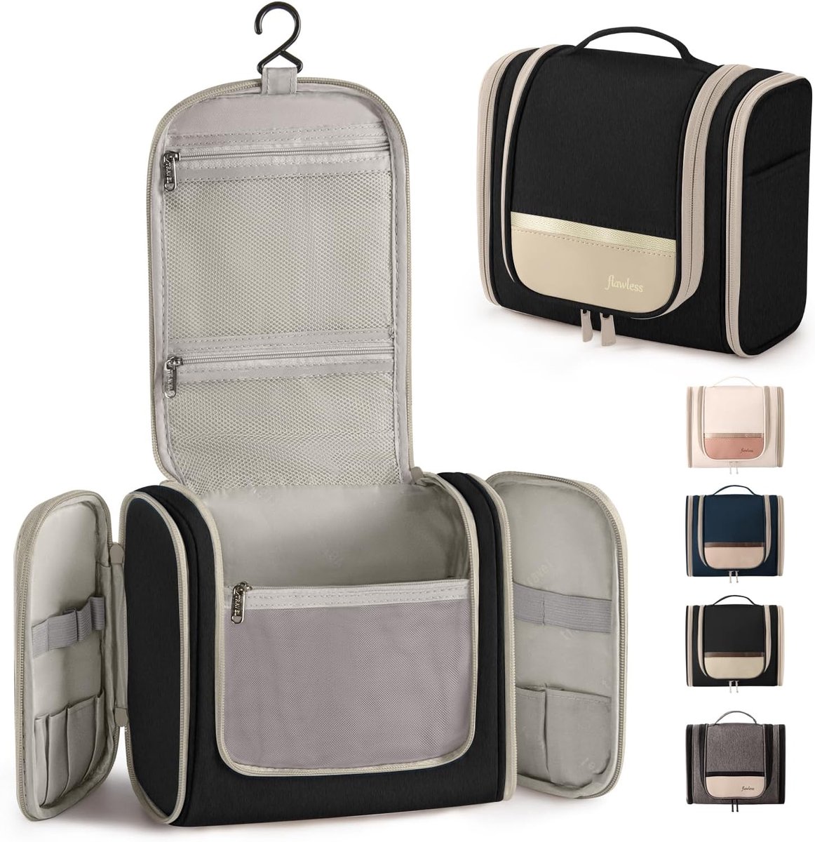 Thijox - Hangende Reistoilettas Opvouwbare Toilettas voor Vrouwen & Mannen Make-up Tas met Draaggreep en Haak, Meerdere Compartimenten, Zwart+Gebroken