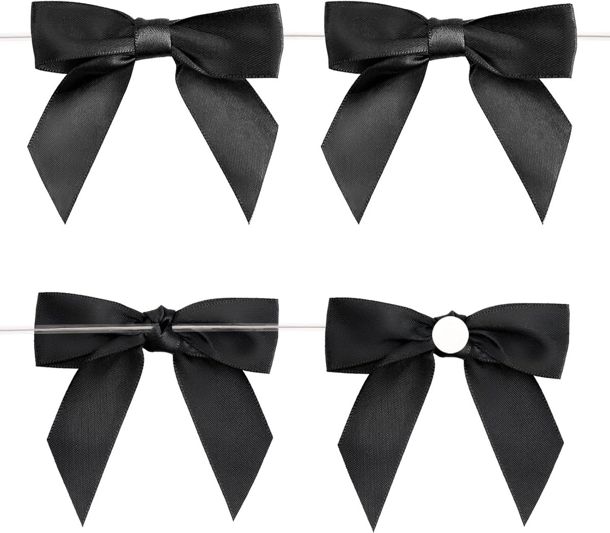 SnelShoppen - 24 Stuks Zelfklevende Cadeaubogen Zwart - 9 x 8.5 cm Satijnen Bogen voor Feest, Verpakking, Decoratie, met Draad en Plakdots