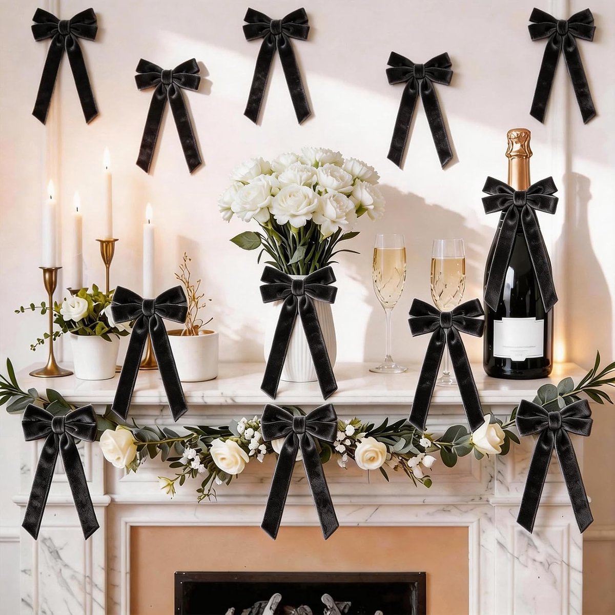 SnelShoppen - Zwarte Velvet Bows 13x26cm - Set van 12 - Met Metaaldraad voor Gemakkelijke Bevestiging - Voor Kerstboom, Wreath, Cadeauverpakking, Fees