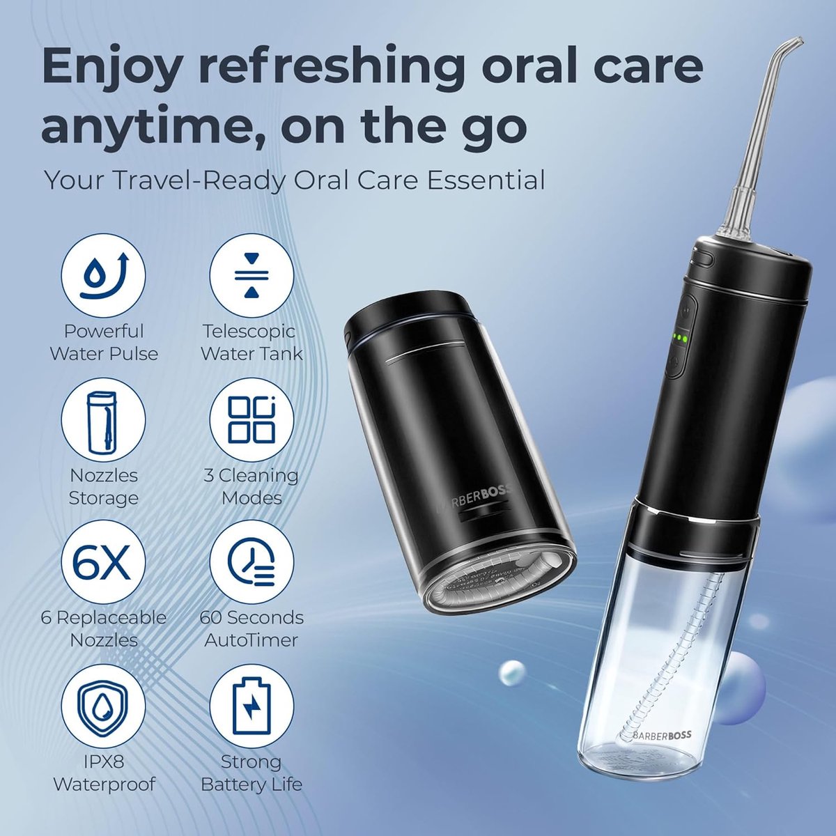 SnelShoppen - Draadloze Water Flosser, Draagbare Mondirrigator, 3 Drukniveaus, 6 Tips, IPX8 Waterreservoir, USB-C Oplaadbare Pocket Flosser, Zwart thumbnail 2