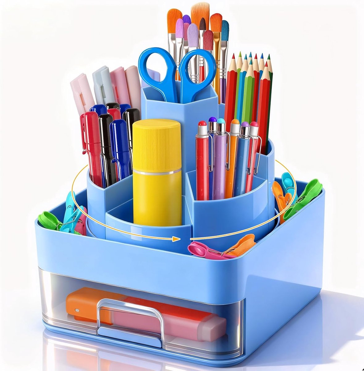 SnelShoppen - 360° Rotating Desk Organizer met 11 Compartimenten en Lade, Duurzaam ABS Penhouder voor Kantoor, School, Thuis en Kunstbenodigdheden
