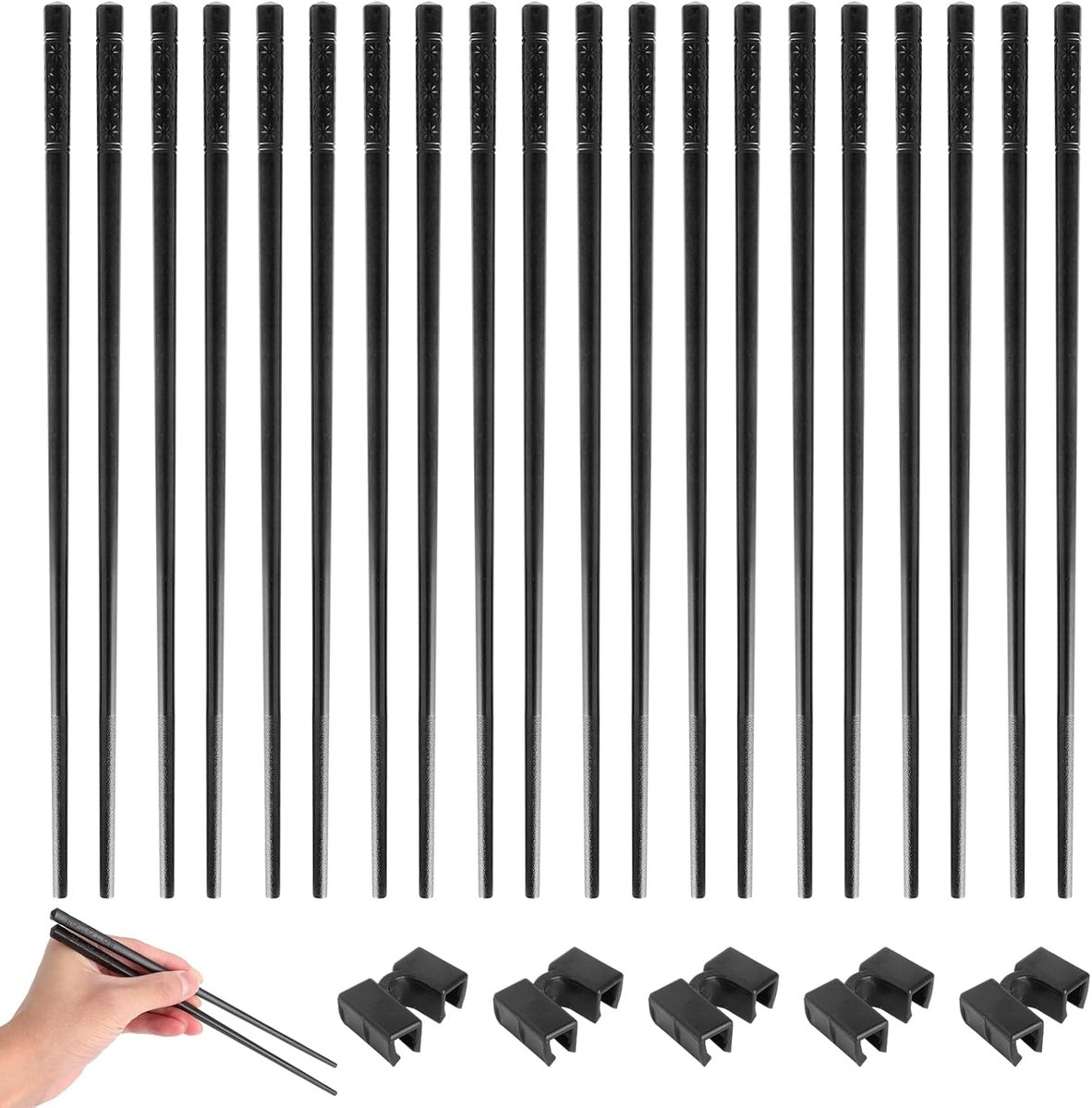 SnelShoppen - 5 Paar Fiberglass Chopsticks met Trainer, 24cm, Zwarte Sushi Eetstokjes, Afwasmachinebestendig, Niet-Slip, Voor Kinderen en Volwassenen,