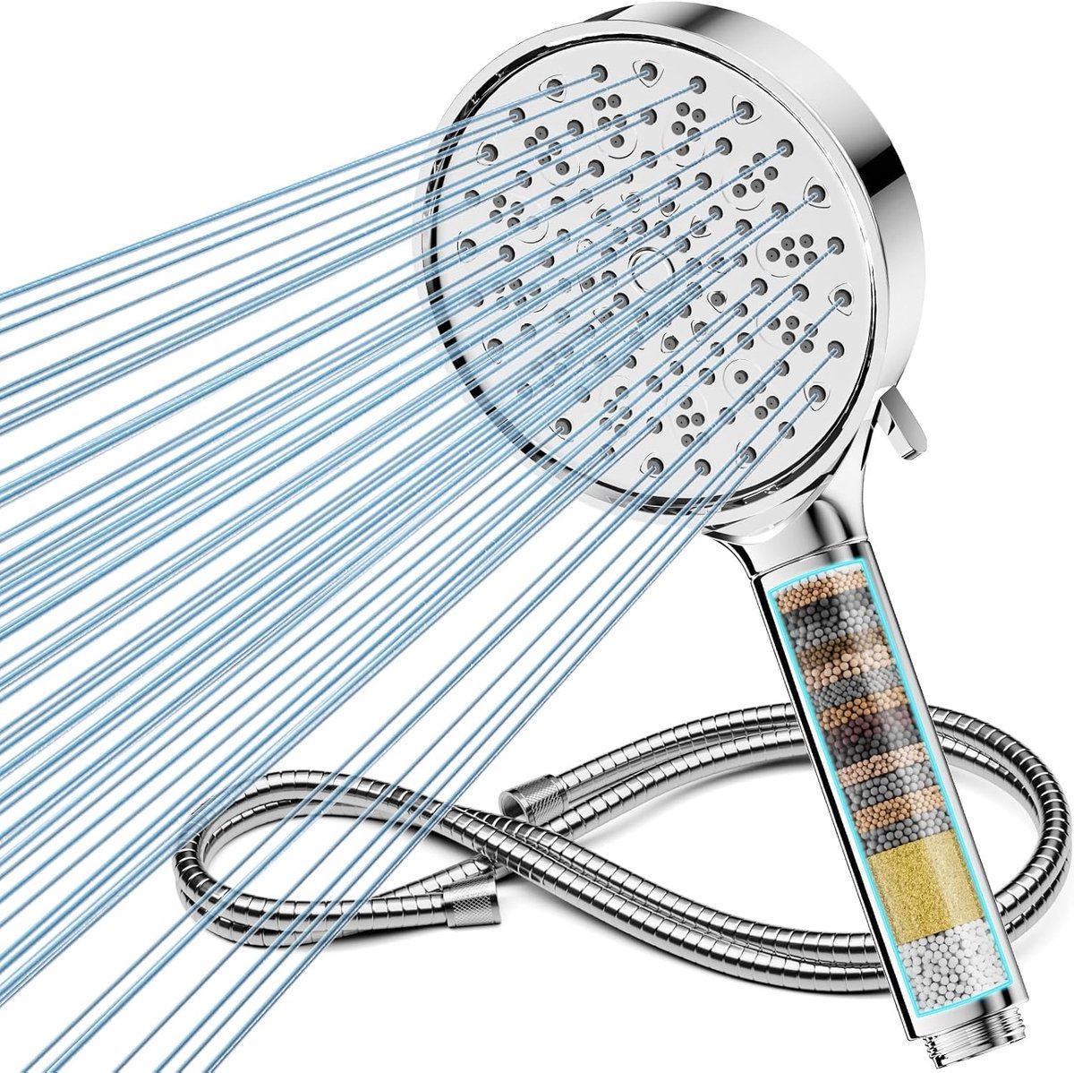 Thijox - Douchekop met filter, hogedruk handdouche met slang, 6 straalsoorten, waterbesparend, 20 lagen filtratie, hard water oplossing, chloor en zwa