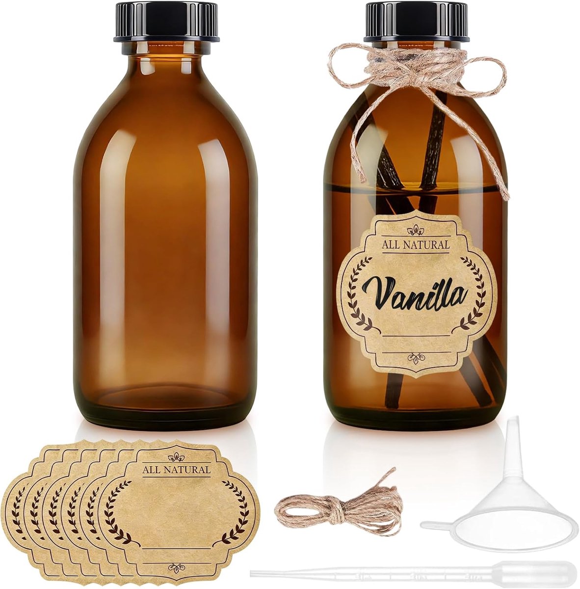 SnelShoppen - 2 Stuks 250ml Bruine Glazen Flessen met Schroefdop, UV Bescherming, Voor Zelfgemaakte Vanille Extract, Essentiële Olie, Drankjes, Labels