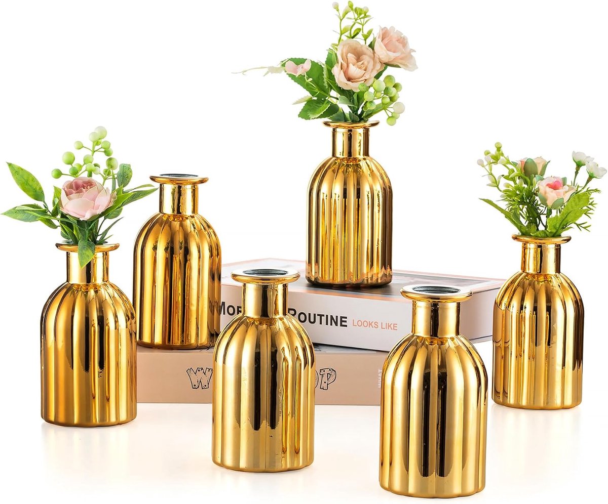SnelShoppen - 6 Stuks Glazen Vazen Goud Vintage - Mini Orchidee Flacons voor Bruiloft Centerpieces - Decoratie voor Kersttafel, Slaapkamer, Verjaardag