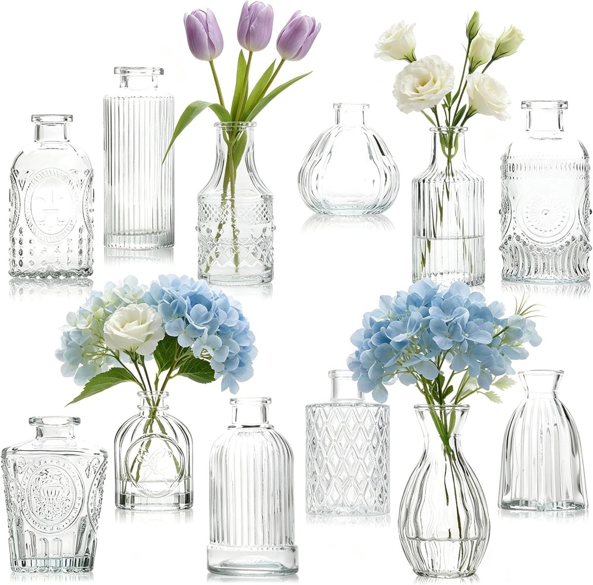 SnelShoppen - Set van 12 Kleine Glazen Vazen, Vintage Mini Vazen, Decoratieve Set voor Tafel Decoratie, Transparant, Diverse Maten, Perfect voor Bruil