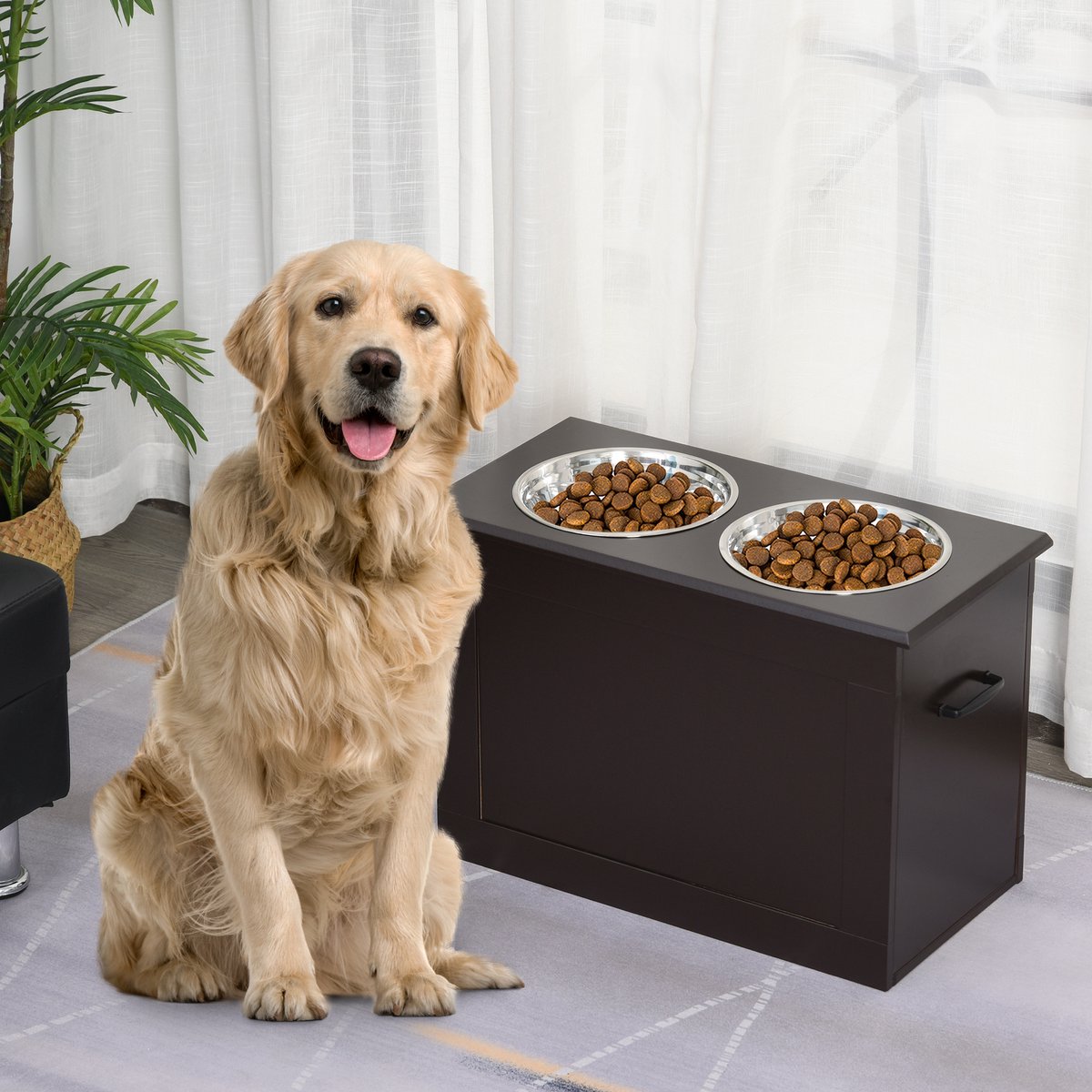 MODENUIT Hondenvoerbak – Verhoogd Voerstation met Opbergruimte – 60 x 30 x 41 cm – MDF en RVS – Bruin