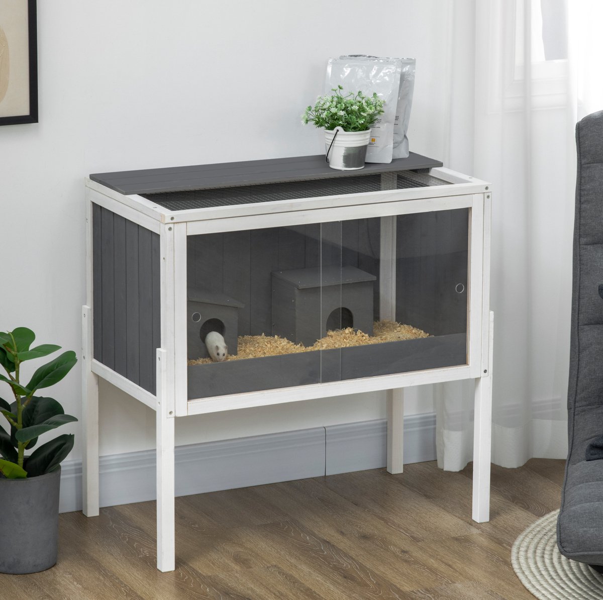 MODENUIT Hamsterkooi – 82 x 45 x 81 cm – Hout en Acryl – Donkergrijs – Met 2 Huisjes en Opbergplank